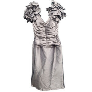 Vintage Night Visionz Iridescent‎ Ruched Bodice Bow Cap Sleeve Prom Midi Dress
